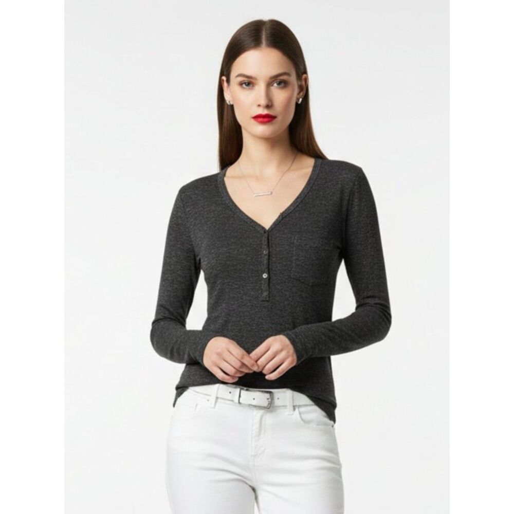 Rails Black Long Sleeve Button Chest Collar-less Pocket Tee Shirt Top NEW M